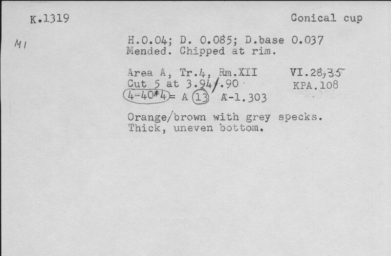 Index card with typed and handwritten information, sometimes including a sketch, of pottery from an excavation.