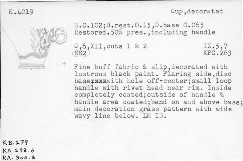 Index card with typed and handwritten information, sometimes including a sketch, of pottery from an excavation.