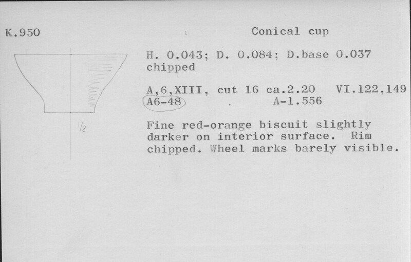 Index card with typed and handwritten information, sometimes including a sketch, of pottery from an excavation.
