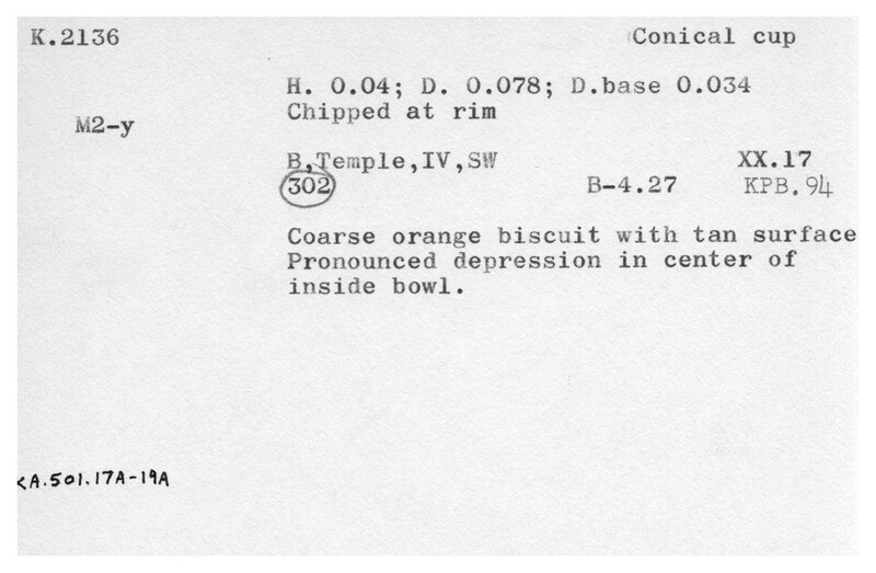 Index card with typed and handwritten information, sometimes including a sketch, of pottery from an excavation.