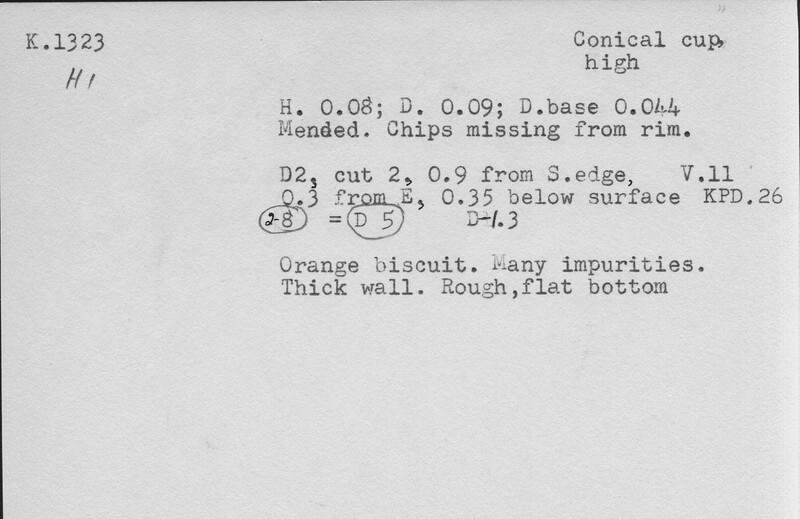 Index card with typed and handwritten information, sometimes including a sketch, of pottery from an excavation.
