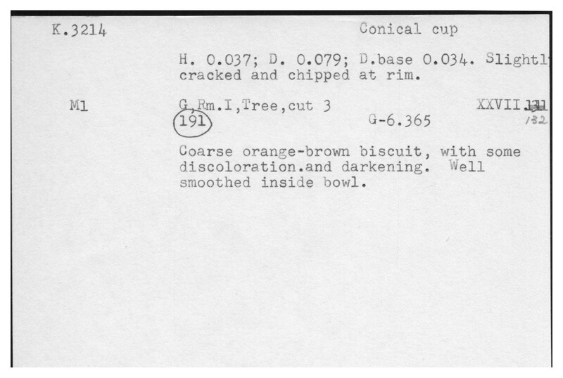 Index card with typed and handwritten information, sometimes including a sketch, of pottery from an excavation.