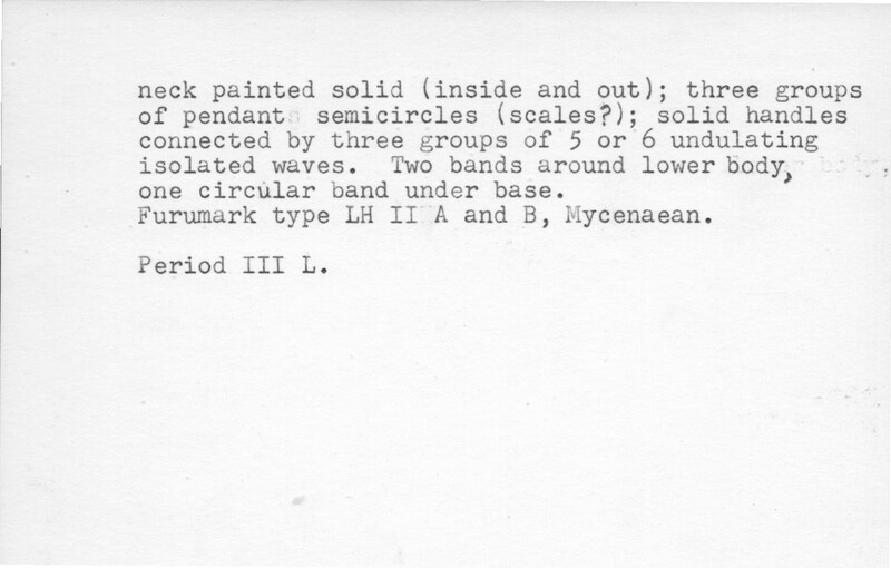 Index card with typed and handwritten information, sometimes including a sketch, of pottery from an excavation.