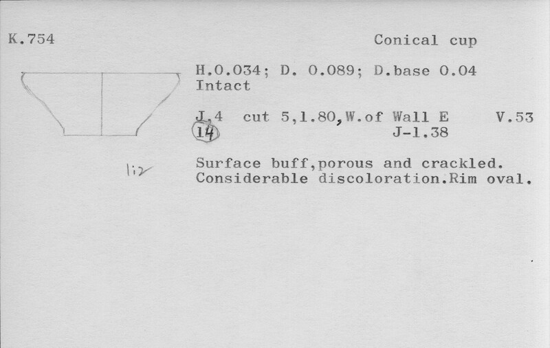 Index card with typed and handwritten information, sometimes including a sketch, of pottery from an excavation.