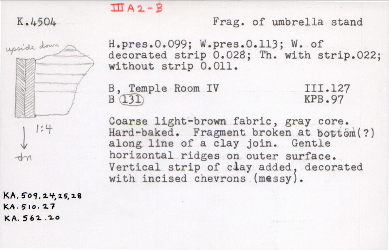 Index card with typed and handwritten information, sometimes including a sketch, of pottery from an excavation.
