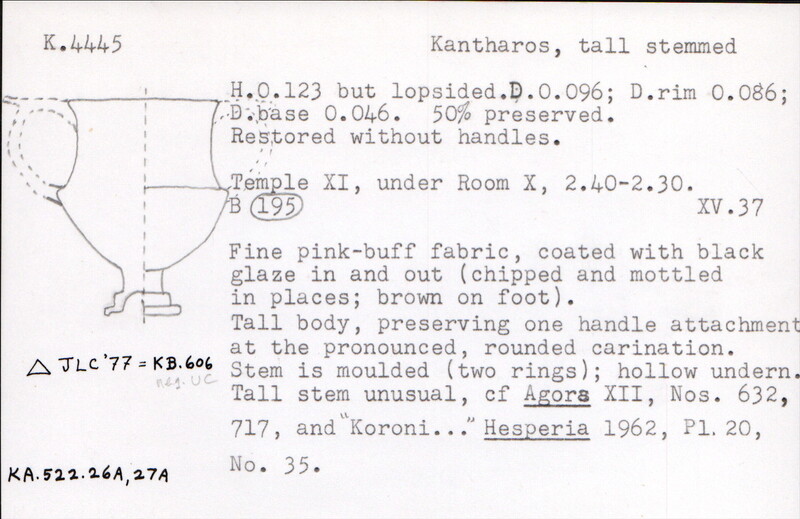 Index card with typed and handwritten information, sometimes including a sketch, of pottery from an excavation.