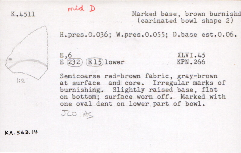 Index card with typed and handwritten information, sometimes including a sketch, of pottery from an excavation.
