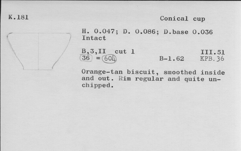 Index card with typed and handwritten information, sometimes including a sketch, of pottery from an excavation.