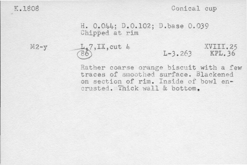 Index card with typed and handwritten information, sometimes including a sketch, of pottery from an excavation.