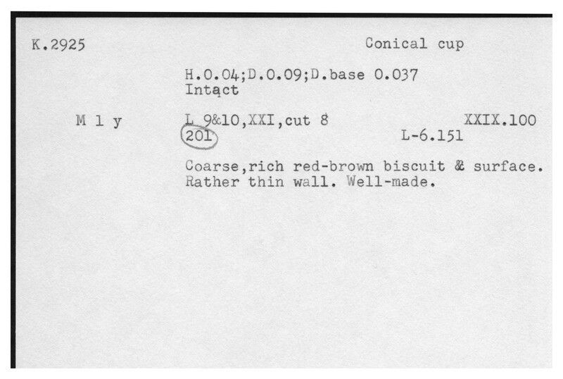 Index card with typed and handwritten information, sometimes including a sketch, of pottery from an excavation.