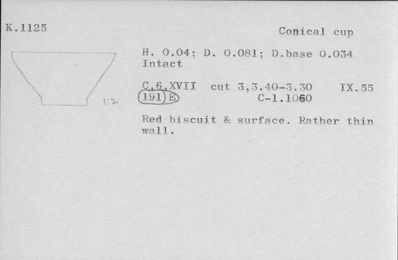 Index card with typed and handwritten information, sometimes including a sketch, of pottery from an excavation.