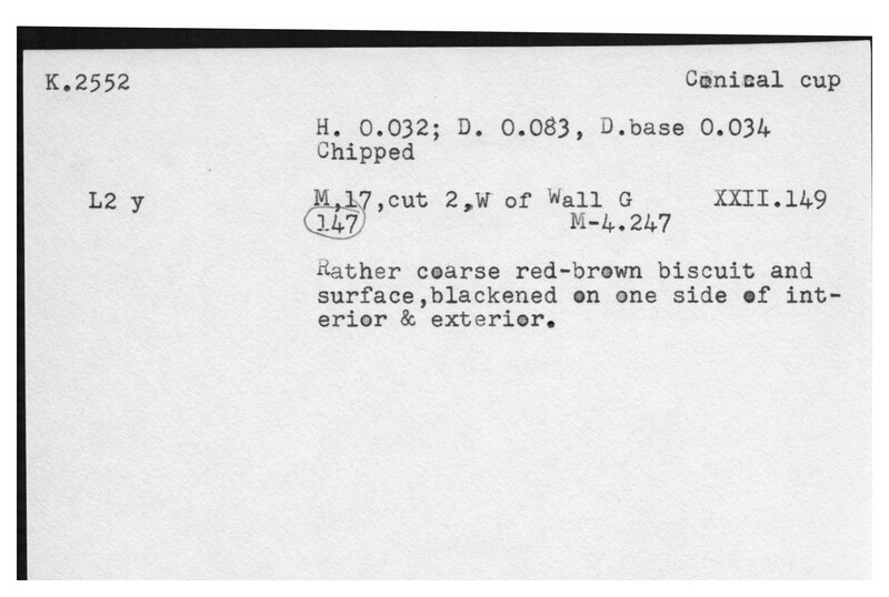 Index card with typed and handwritten information, sometimes including a sketch, of pottery from an excavation.