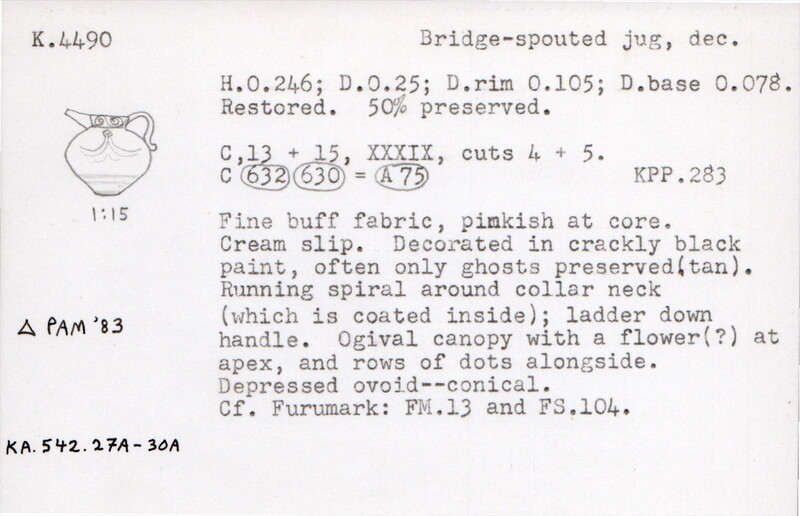 Index card with typed and handwritten information, sometimes including a sketch, of pottery from an excavation.