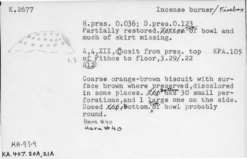Index card with typed and handwritten information, sometimes including a sketch, of pottery from an excavation.