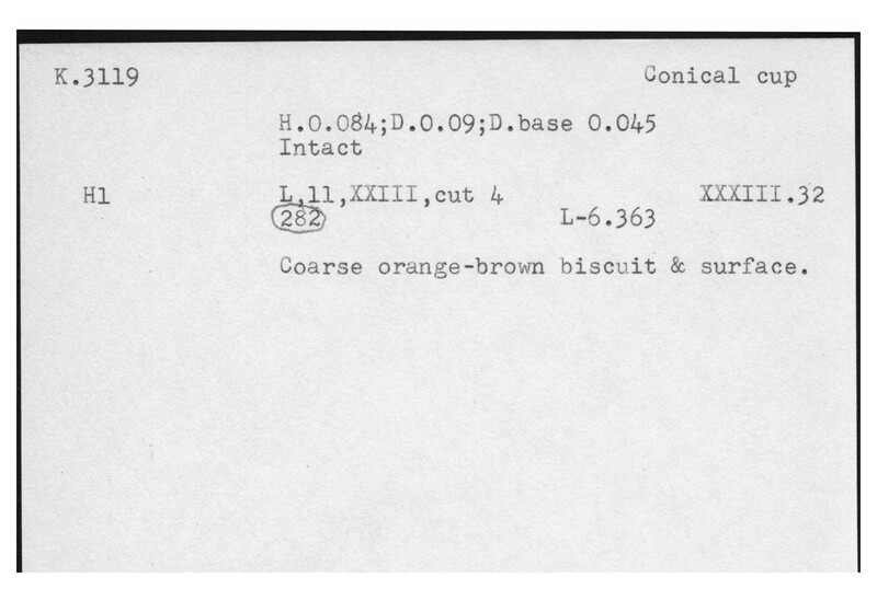 Index card with typed and handwritten information, sometimes including a sketch, of pottery from an excavation.