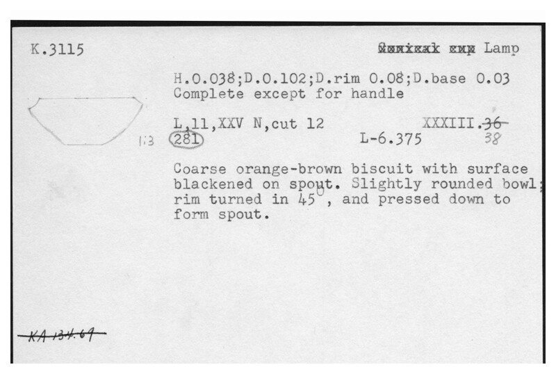 Index card with typed and handwritten information, sometimes including a sketch, of pottery from an excavation.