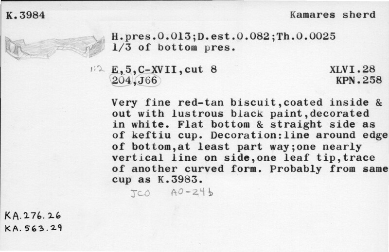 Index card with typed and handwritten information, sometimes including a sketch, of pottery from an excavation.