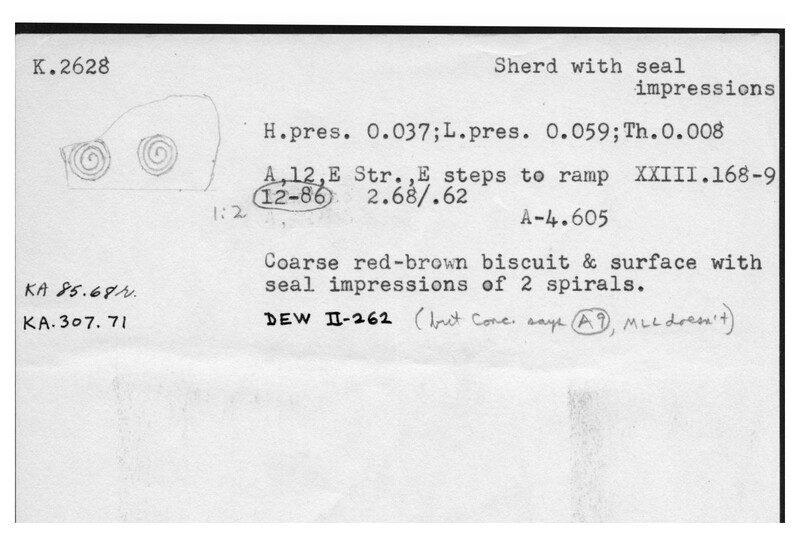 Index card with typed and handwritten information, sometimes including a sketch, of pottery from an excavation.