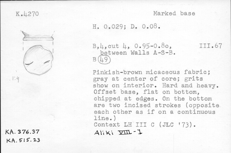 Index card with typed and handwritten information, sometimes including a sketch, of pottery from an excavation.