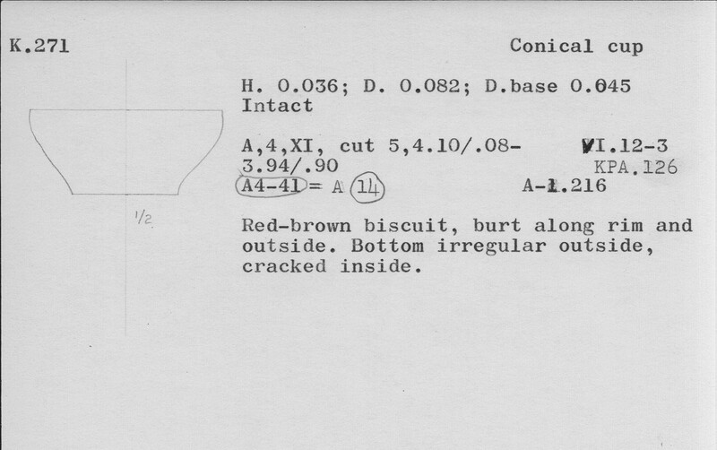 Index card with typed and handwritten information, sometimes including a sketch, of pottery from an excavation.