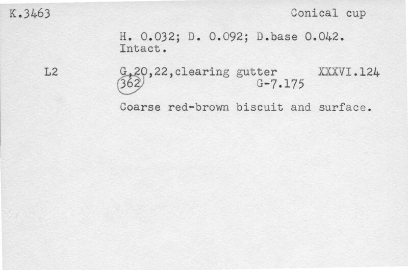 Index card with typed and handwritten information, sometimes including a sketch, of pottery from an excavation.