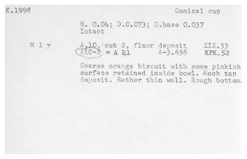 Index card with typed and handwritten information, sometimes including a sketch, of pottery from an excavation.