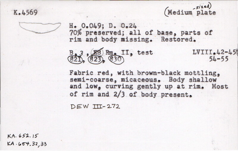 Index card with typed and handwritten information, sometimes including a sketch, of pottery from an excavation.