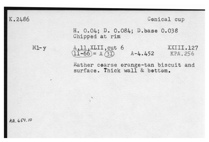 Index card with typed and handwritten information, sometimes including a sketch, of pottery from an excavation.