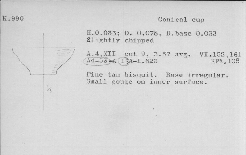 Index card with typed and handwritten information, sometimes including a sketch, of pottery from an excavation.