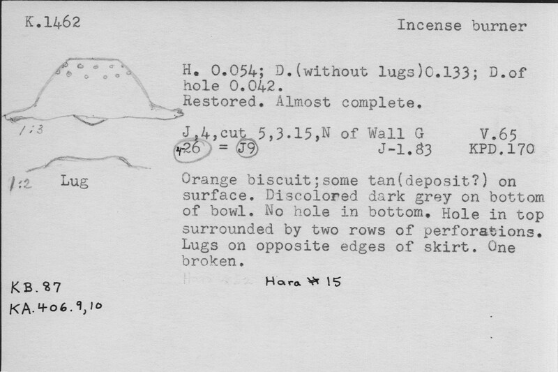 Index card with typed and handwritten information, sometimes including a sketch, of pottery from an excavation.