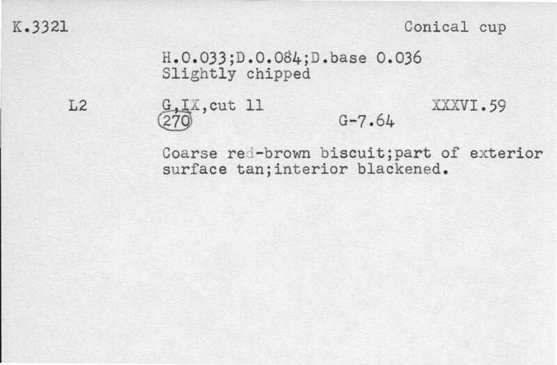 Index card with typed and handwritten information, sometimes including a sketch, of pottery from an excavation.