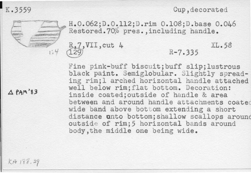 Index card with typed and handwritten information, sometimes including a sketch, of pottery from an excavation.
