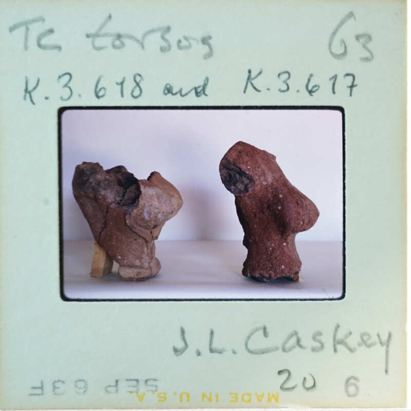 Two small sculptures on a table with labels.