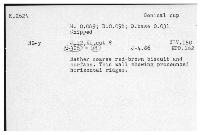 Index card with typed and handwritten information, sometimes including a sketch, of pottery from an excavation.