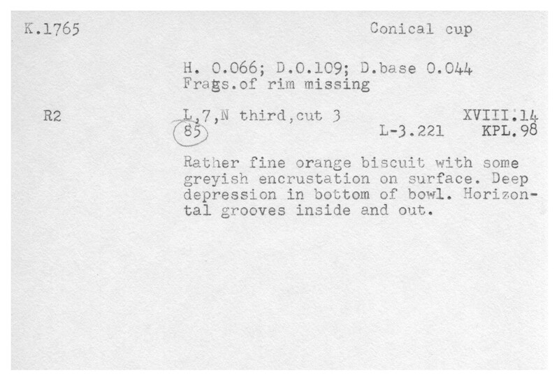 Index card with typed and handwritten information, sometimes including a sketch, of pottery from an excavation.