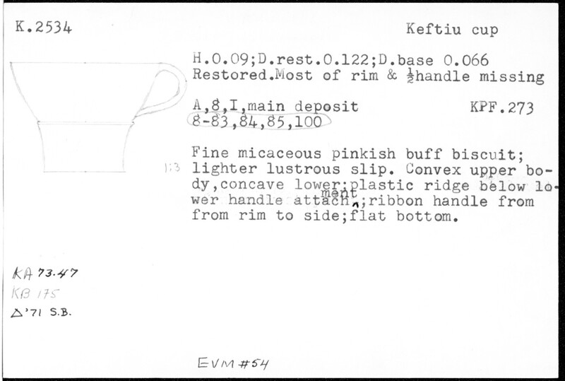 Index card with typed and handwritten information, sometimes including a sketch, of pottery from an excavation.