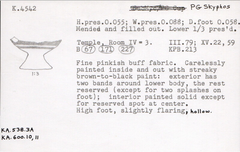 Index card with typed and handwritten information, sometimes including a sketch, of pottery from an excavation.