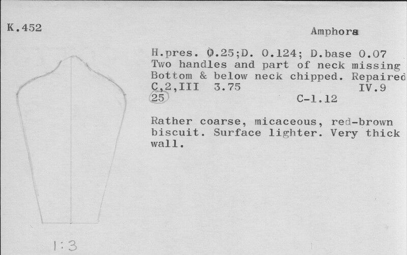Index card with typed and handwritten information, sometimes including a sketch, of pottery from an excavation.