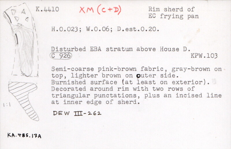 Index card with typed and handwritten information, sometimes including a sketch, of pottery from an excavation.