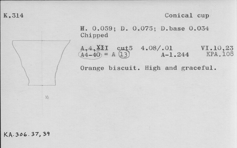 Index card with typed and handwritten information, sometimes including a sketch, of pottery from an excavation.
