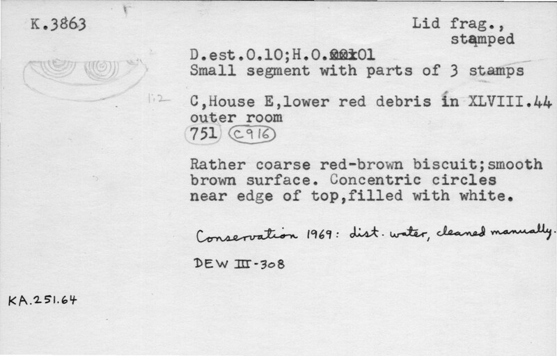 Index card with typed and handwritten information, sometimes including a sketch, of pottery from an excavation.