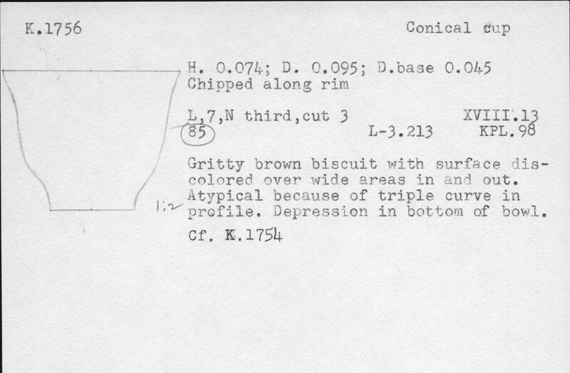 Index card with typed and handwritten information, sometimes including a sketch, of pottery from an excavation.