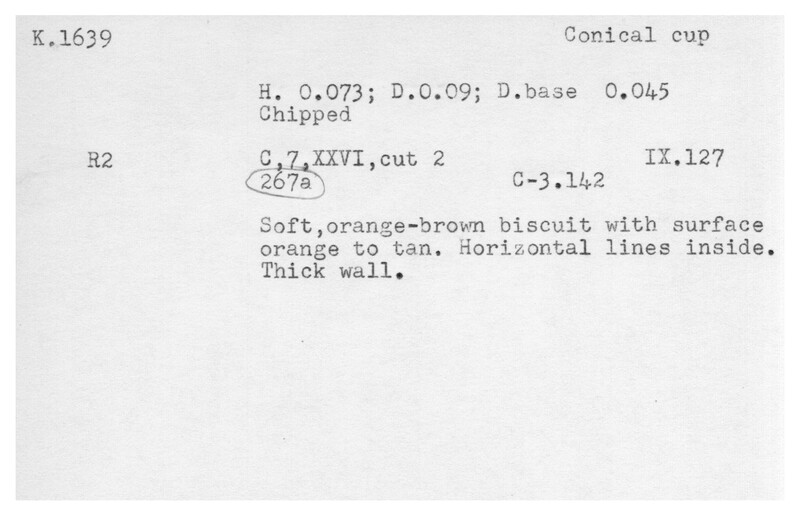 Index card with typed and handwritten information, sometimes including a sketch, of pottery from an excavation.
