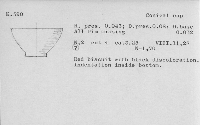 Index card with typed and handwritten information, sometimes including a sketch, of pottery from an excavation.