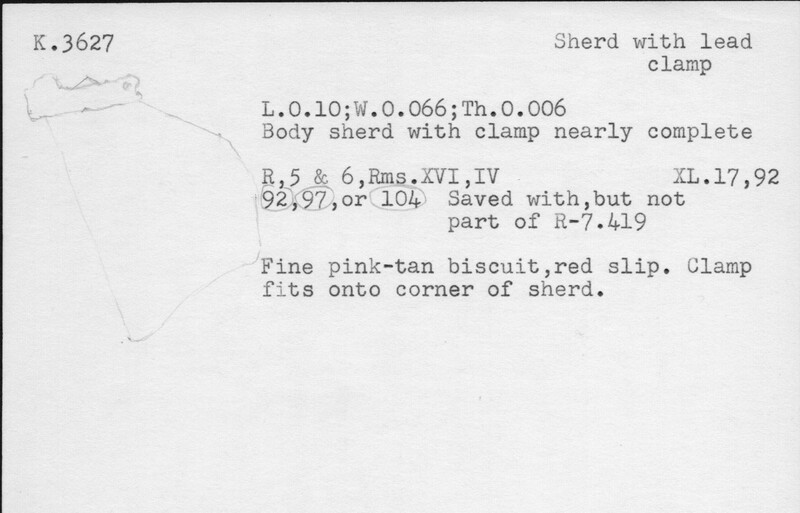Index card with typed and handwritten information, sometimes including a sketch, of pottery from an excavation.