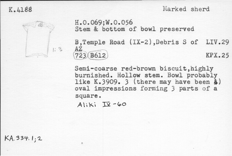 Index card with typed and handwritten information, sometimes including a sketch, of pottery from an excavation.