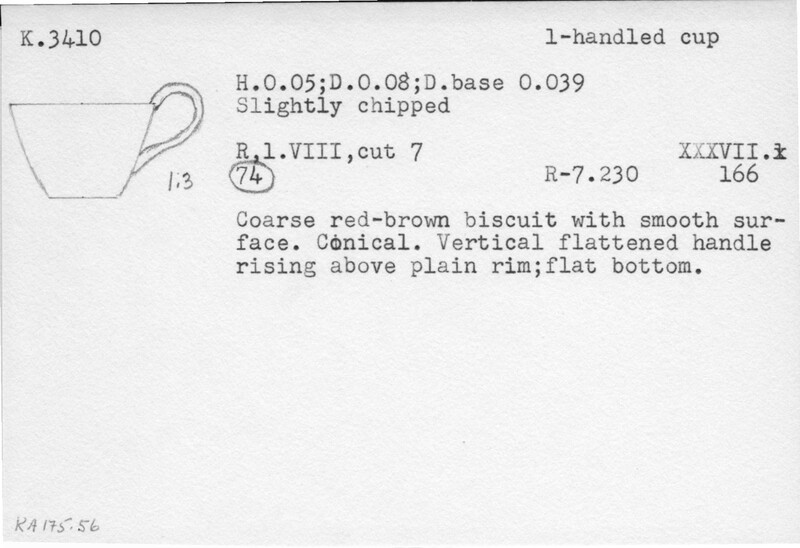 Index card with typed and handwritten information, sometimes including a sketch, of pottery from an excavation.