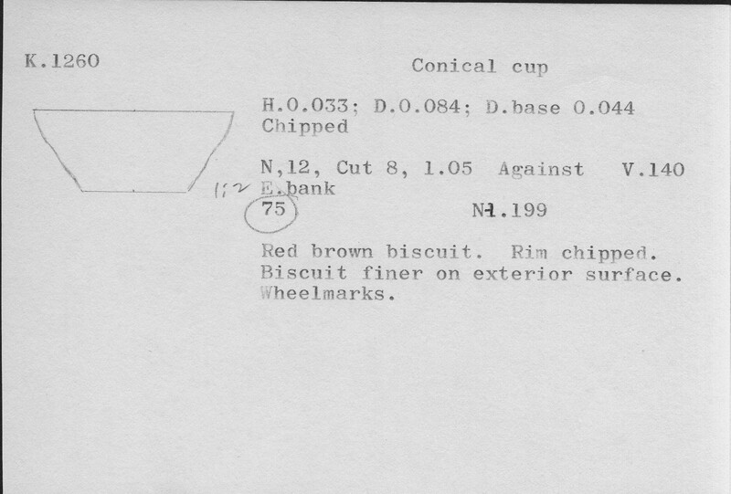 Index card with typed and handwritten information, sometimes including a sketch, of pottery from an excavation.