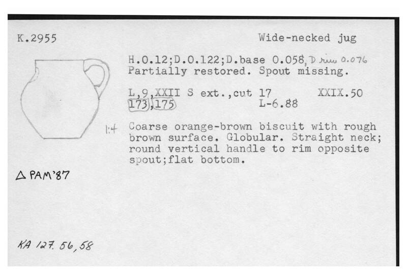 Index card with typed and handwritten information, sometimes including a sketch, of pottery from an excavation.