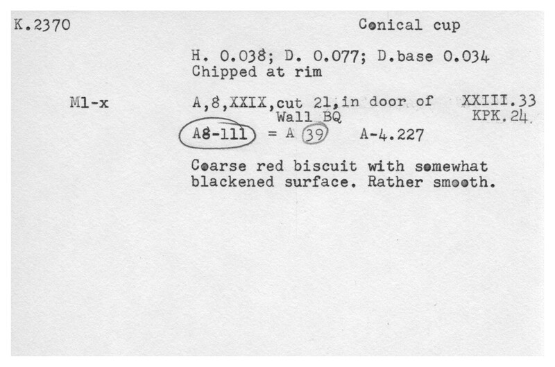 Index card with typed and handwritten information, sometimes including a sketch, of pottery from an excavation.